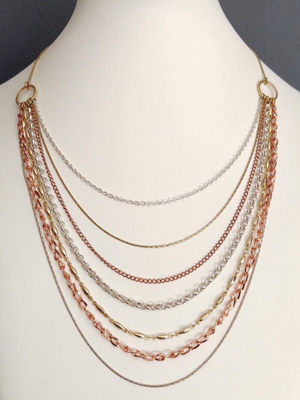 Gold, silver and rose gold layered chain necklace